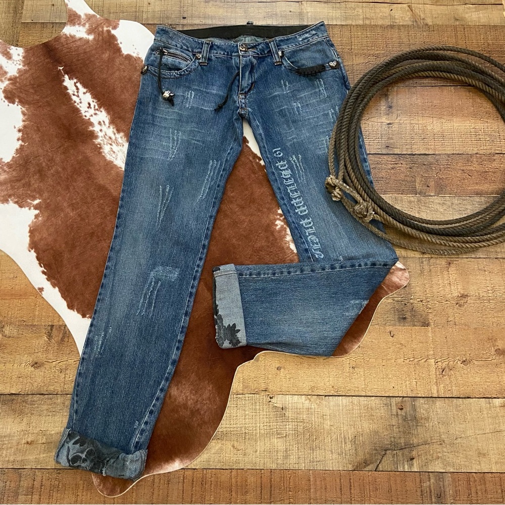 PHILIPP PLEIN RARE Low Rise Leather, Metal Embellished Jeans